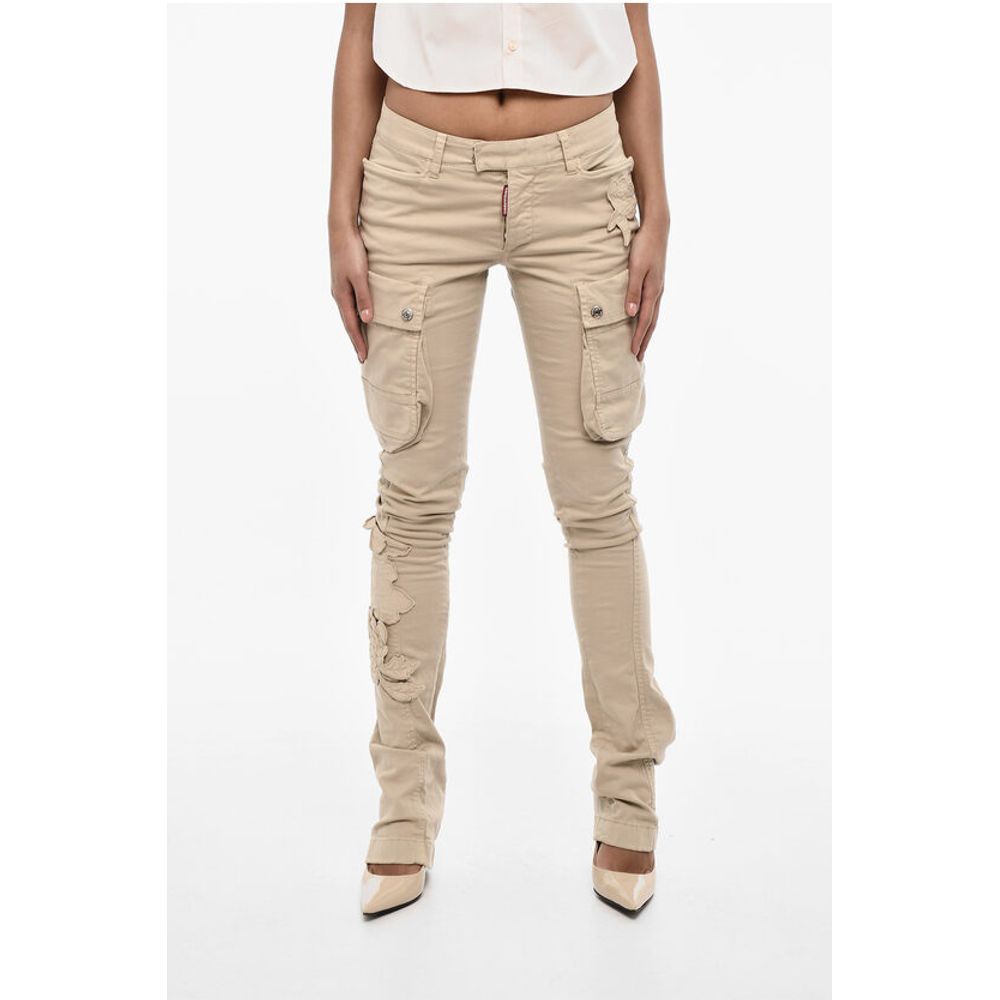 Dsquared² Regular Waist Cotton Twill Cargo Pants with Floral Applicati