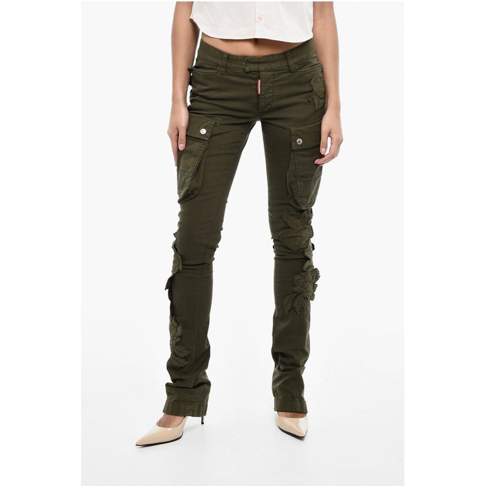 Dsquared² Regular Waist Cotton Twill Cargo Pants with Floral Applicati
