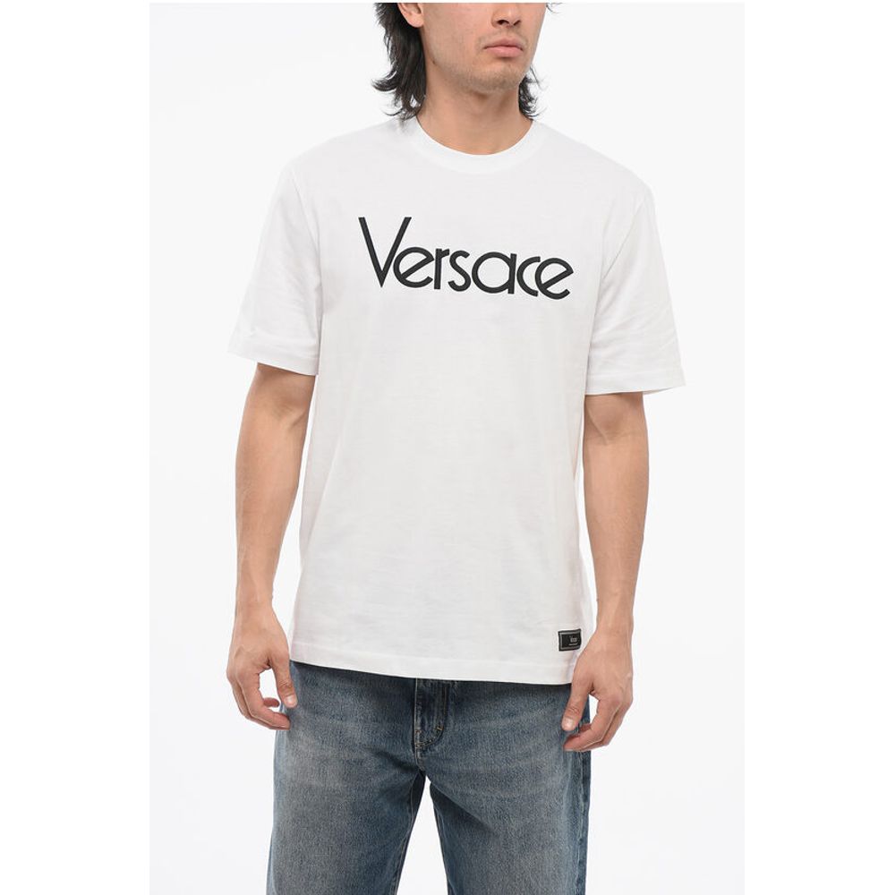 Versace Crew Neck Cotton T-Shirt with Embroidered Logo