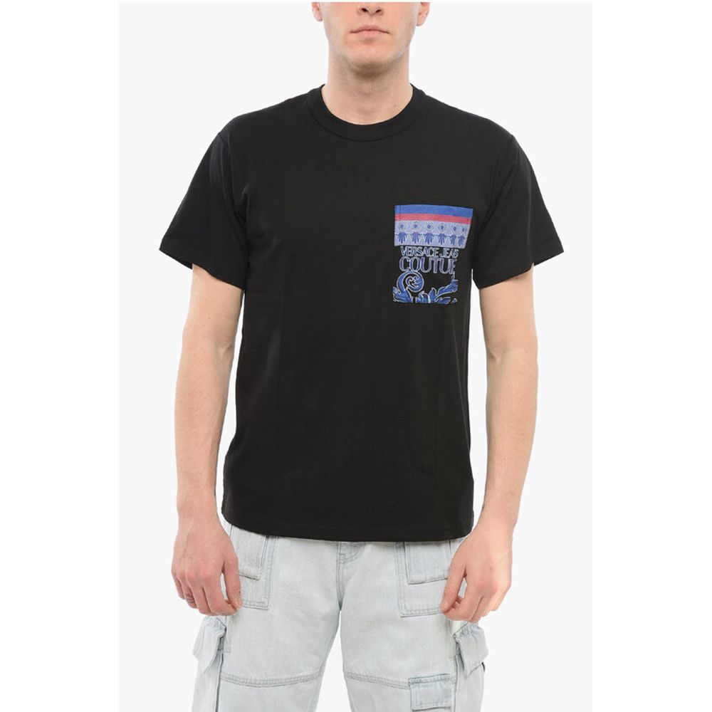 Versace JEANS COUTURE Crew Neck Cotton T-Shirt with Printed Breast-p