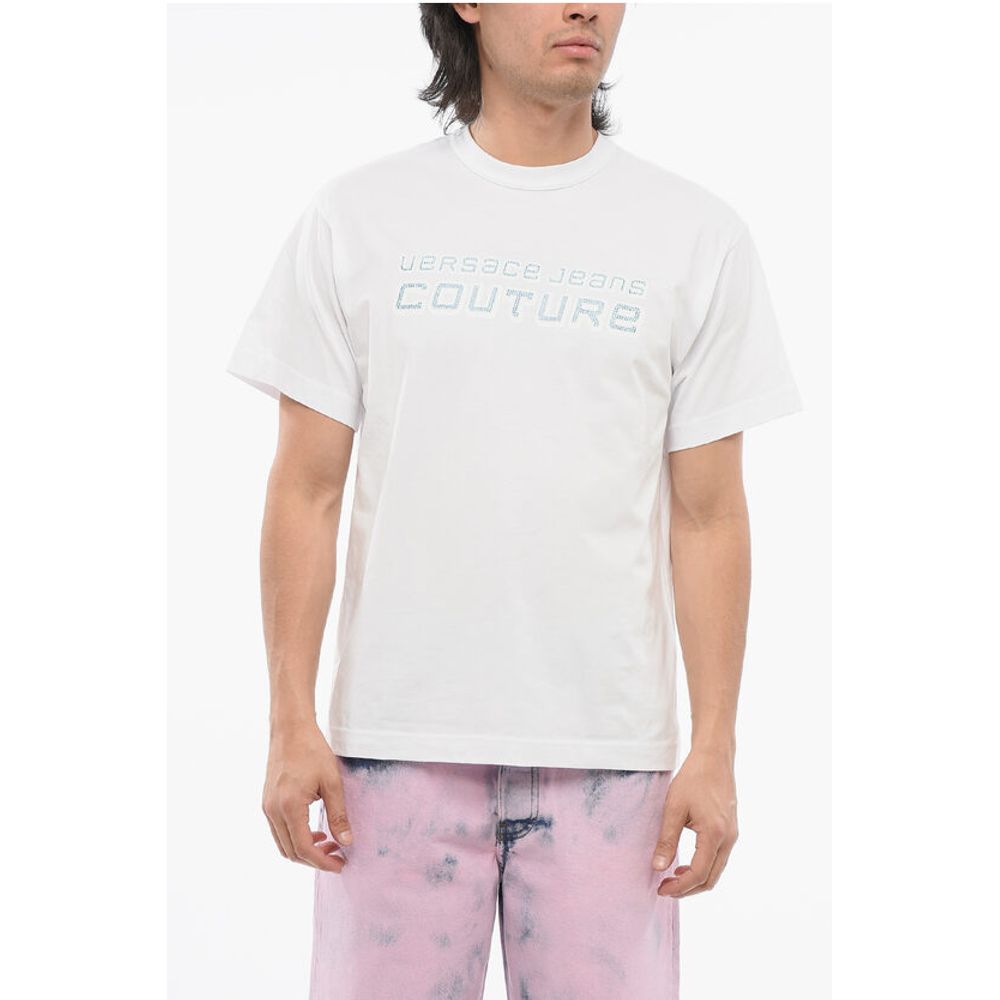 Versace JEANS COUTURE Crew Neck Cotton T-Shir with Rhinestoned Logo