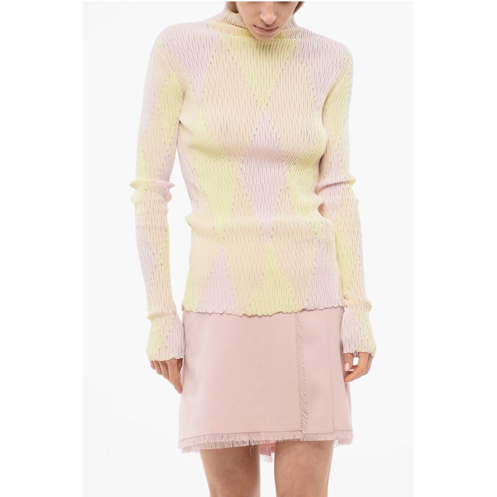 Burberry Turtleneck Silk Blend Sweater with Argyle Motif