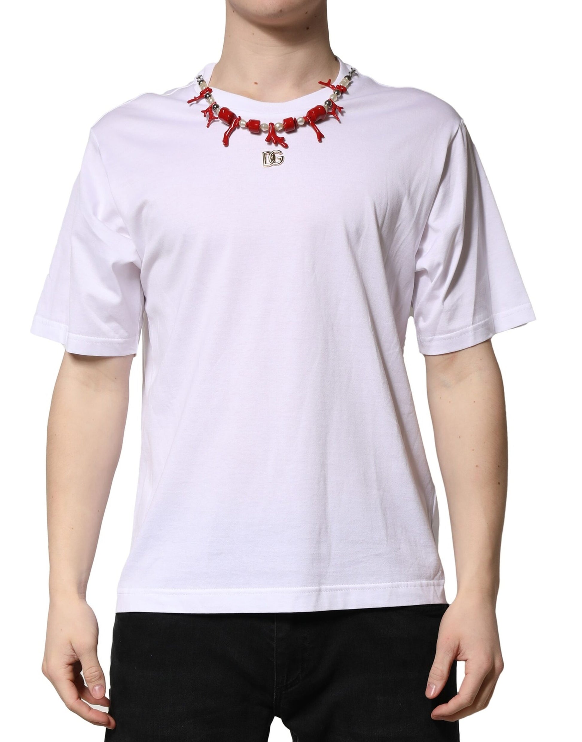 Dolce & Gabbana White Embellished Cotton Crew Neck T-shirt - ClickThatClicks 