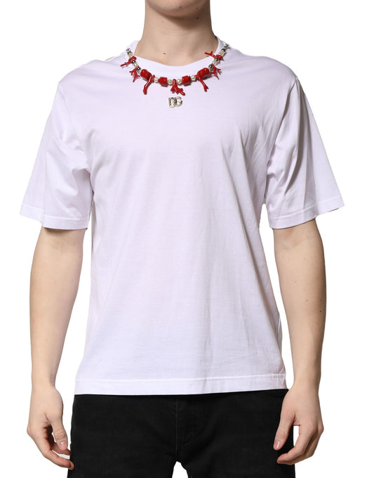 Dolce & Gabbana White Embellished Cotton Crew Neck T-shirt - ClickThatClicks 