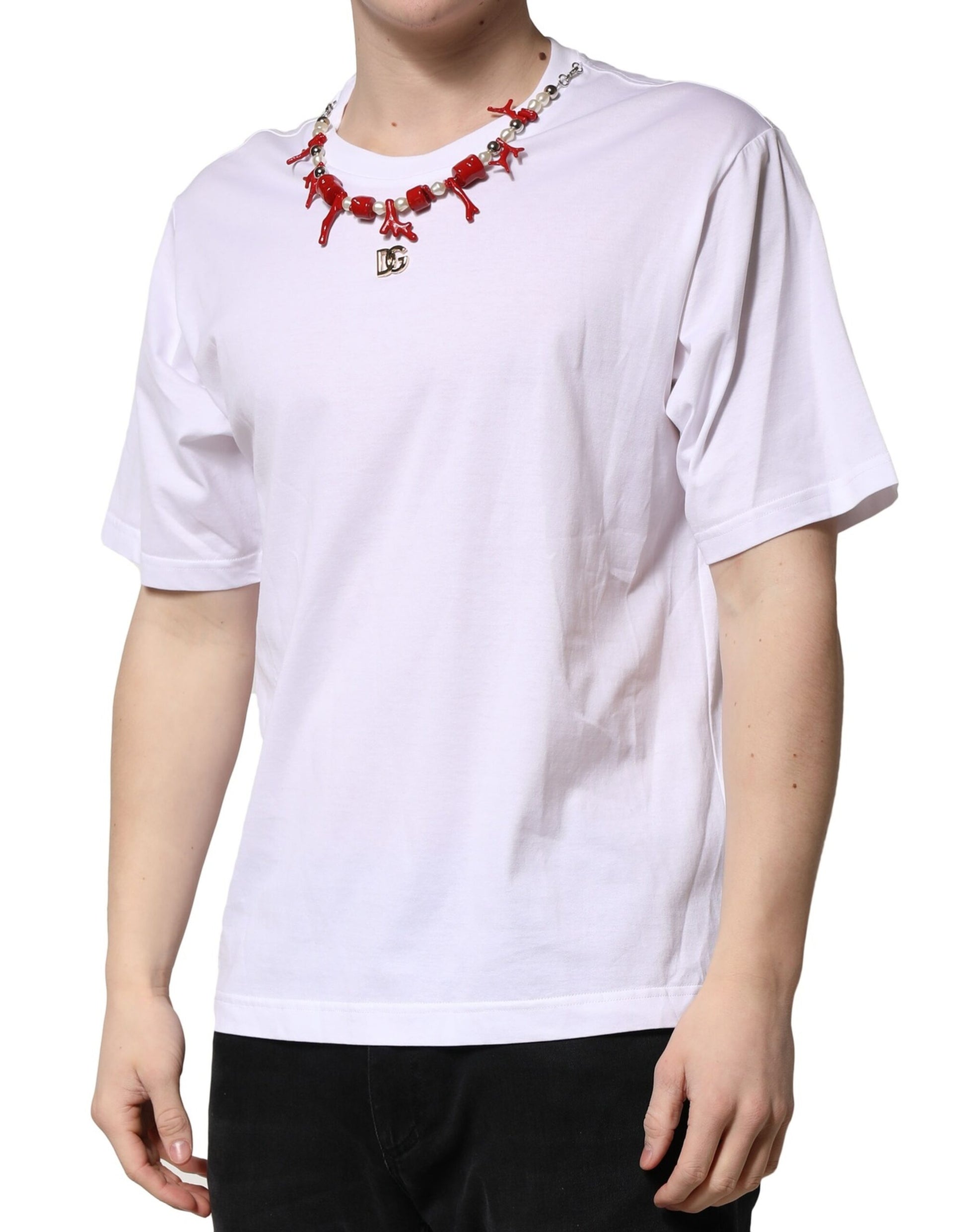 Dolce & Gabbana White Embellished Cotton Crew Neck T-shirt - ClickThatClicks 