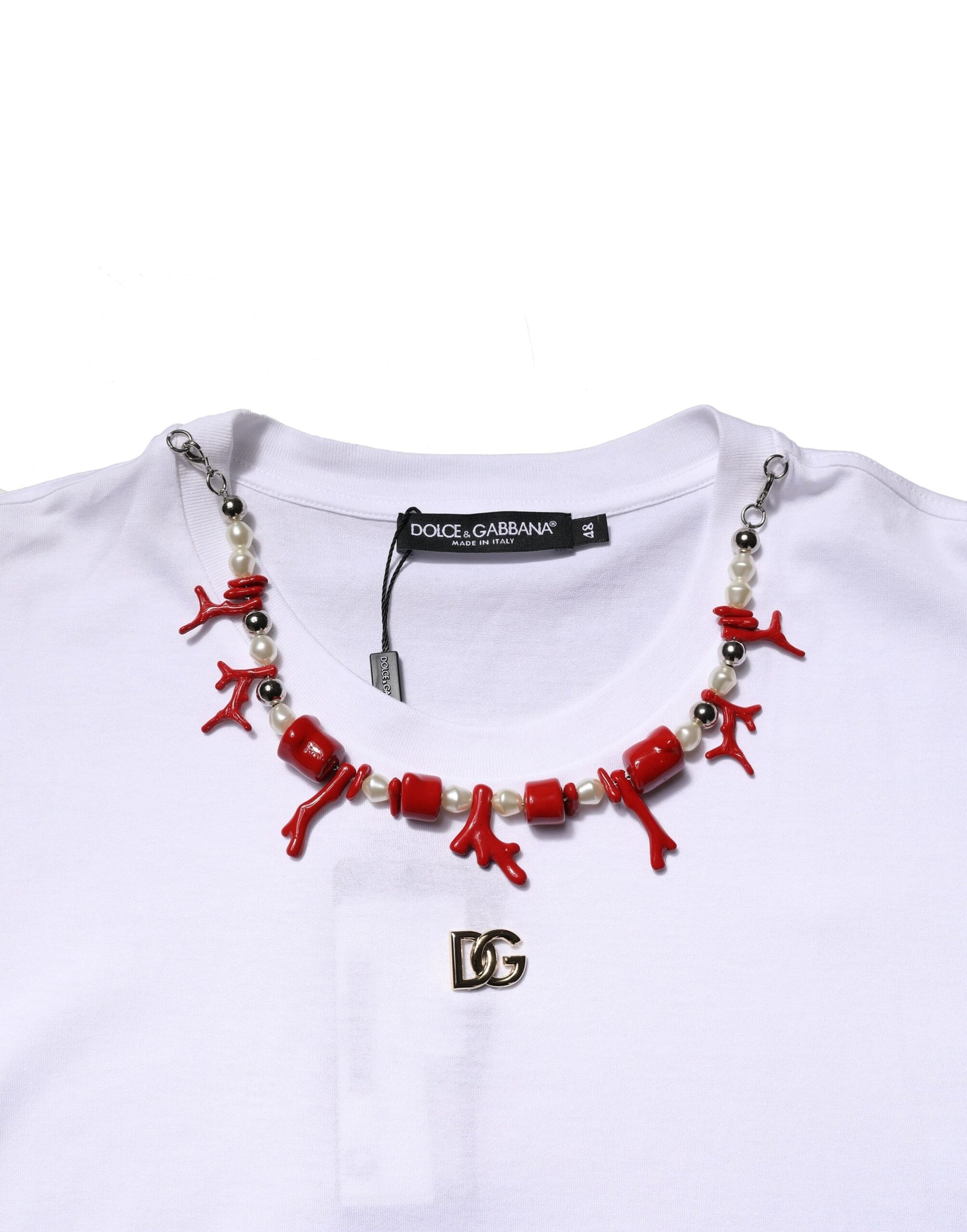 Dolce & Gabbana White Embellished Cotton Crew Neck T-shirt - ClickThatClicks 