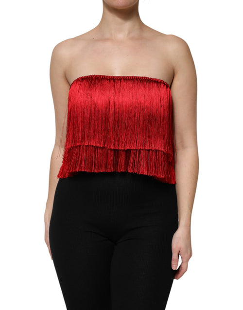 Dolce & Gabbana Red Silk Strapless Fringe Crop Tube Top - ClickThatClicks 