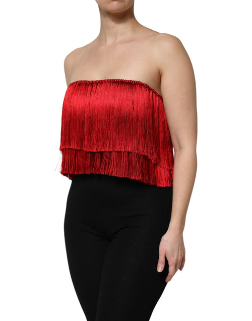 Dolce & Gabbana Red Silk Strapless Fringe Crop Tube Top - ClickThatClicks 