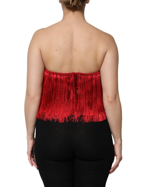 Dolce & Gabbana Red Silk Strapless Fringe Crop Tube Top - ClickThatClicks 