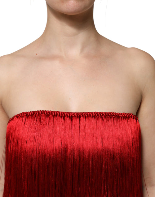 Dolce & Gabbana Red Silk Strapless Fringe Crop Tube Top - ClickThatClicks 