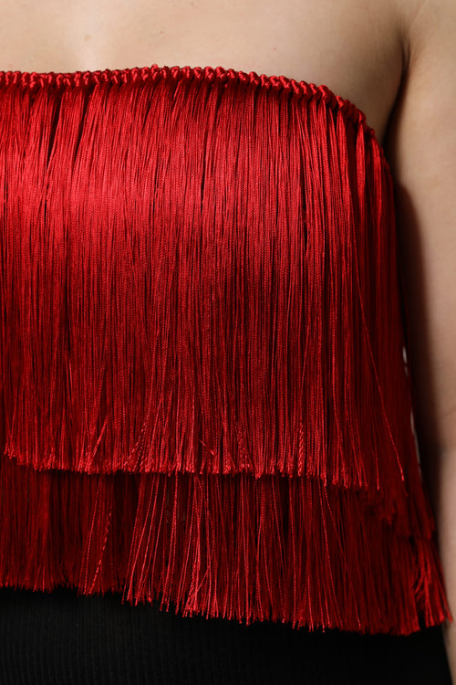 Dolce & Gabbana Red Silk Strapless Fringe Crop Tube Top - ClickThatClicks 