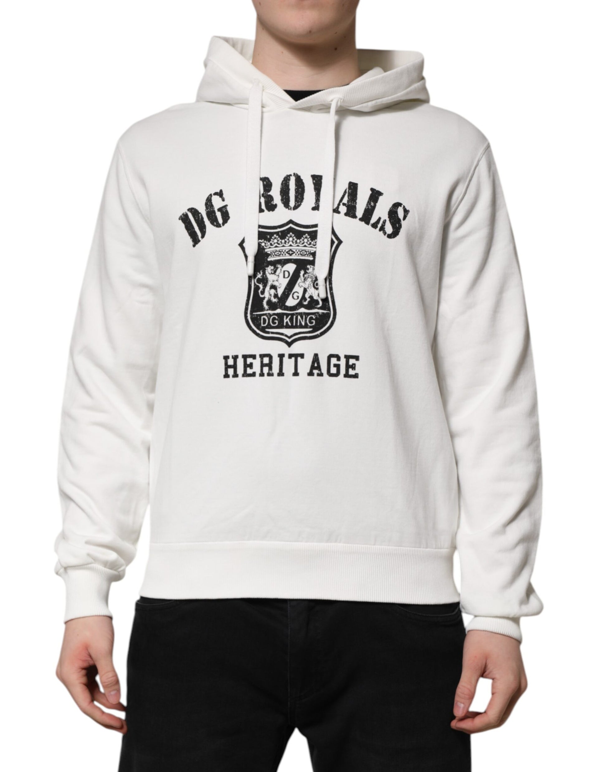 Dolce & Gabbana White Cotton DG ROYAL Print Hooded Sweater - ClickThatClicks 
