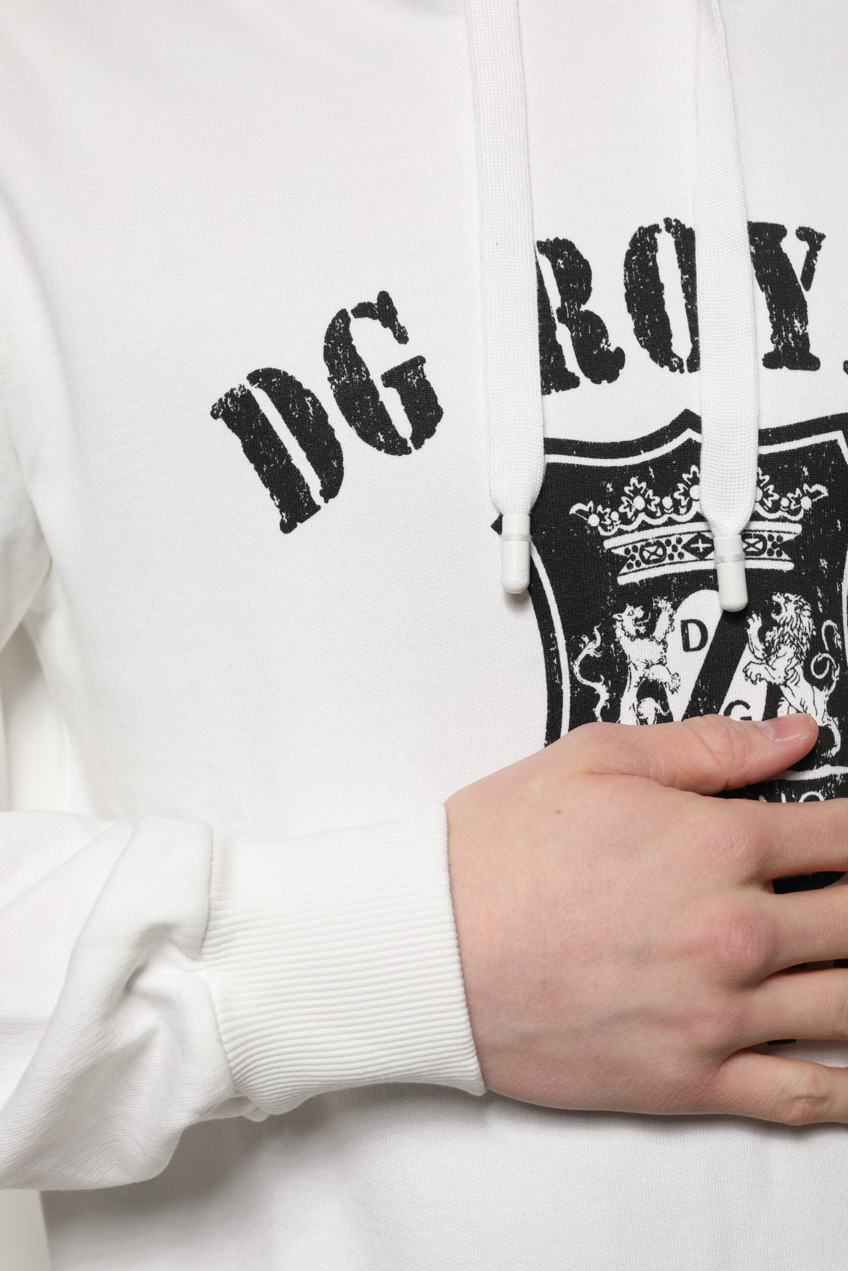 Dolce & Gabbana White Cotton DG ROYAL Print Hooded Sweater - ClickThatClicks 