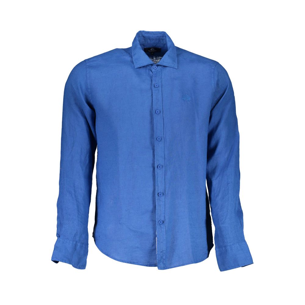La Martina Blu Linen Men Shirt - ClickThatClicks 