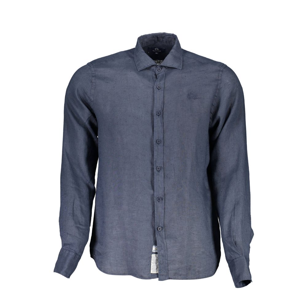 La Martina Blu Linen Men Shirt - ClickThatClicks 