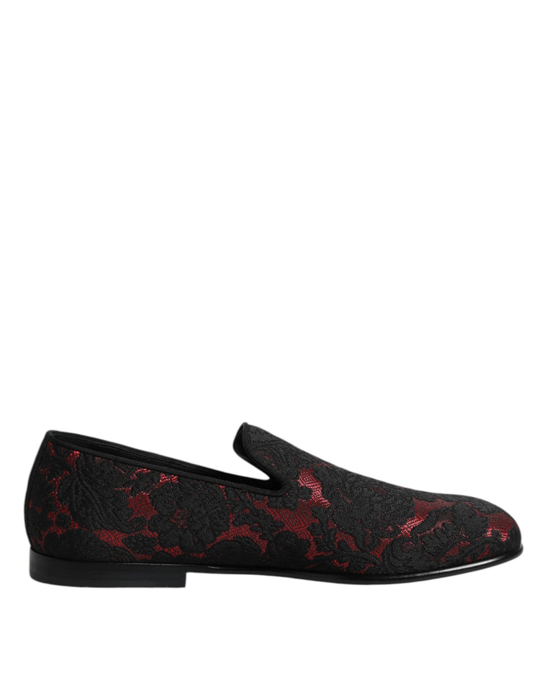 Dolce & Gabbana Red Black Jacquard Slip On Loafers Shoes