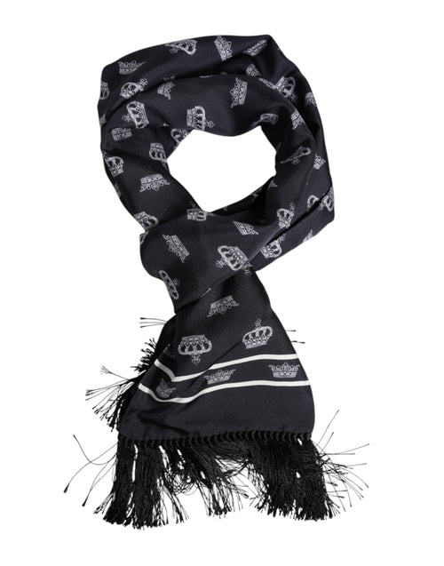 Dolce & Gabbana Black Silk Crown Fringes Men Foulard Scarf - ClickThatClicks 