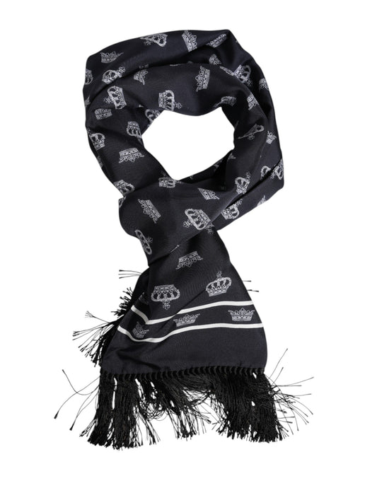 Dolce & Gabbana Black Silk Crown Fringes Men Foulard Scarf - ClickThatClicks 