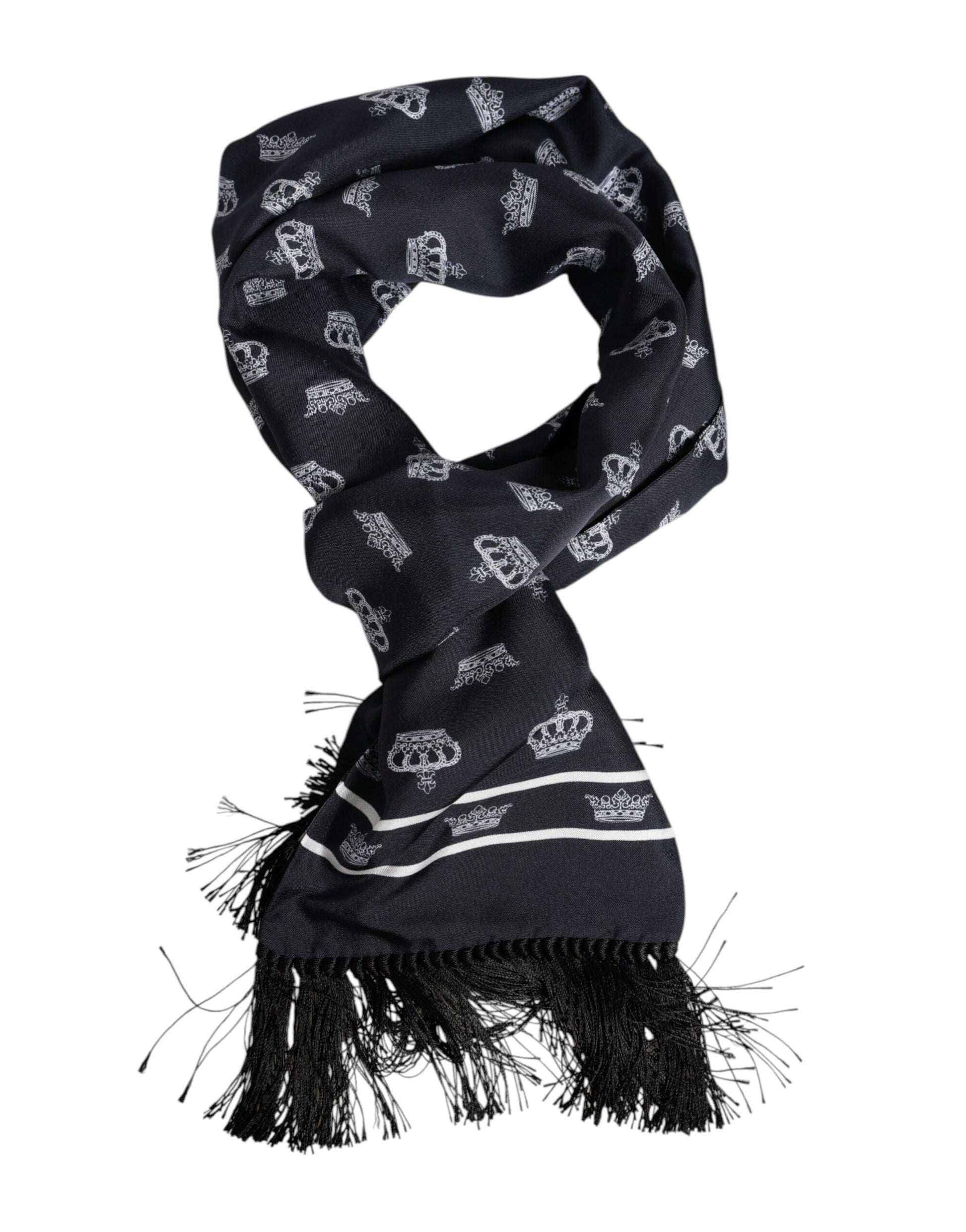 Dolce & Gabbana Black Silk Crown Fringes Men Foulard Scarf - ClickThatClicks 