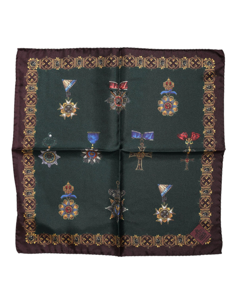 Dolce & Gabbana Green Medals Silk Square Foulard Scarf