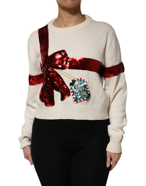 Dolce & Gabbana White Sequined Crew Neck Pullover Sweater - ClickThatClicks 