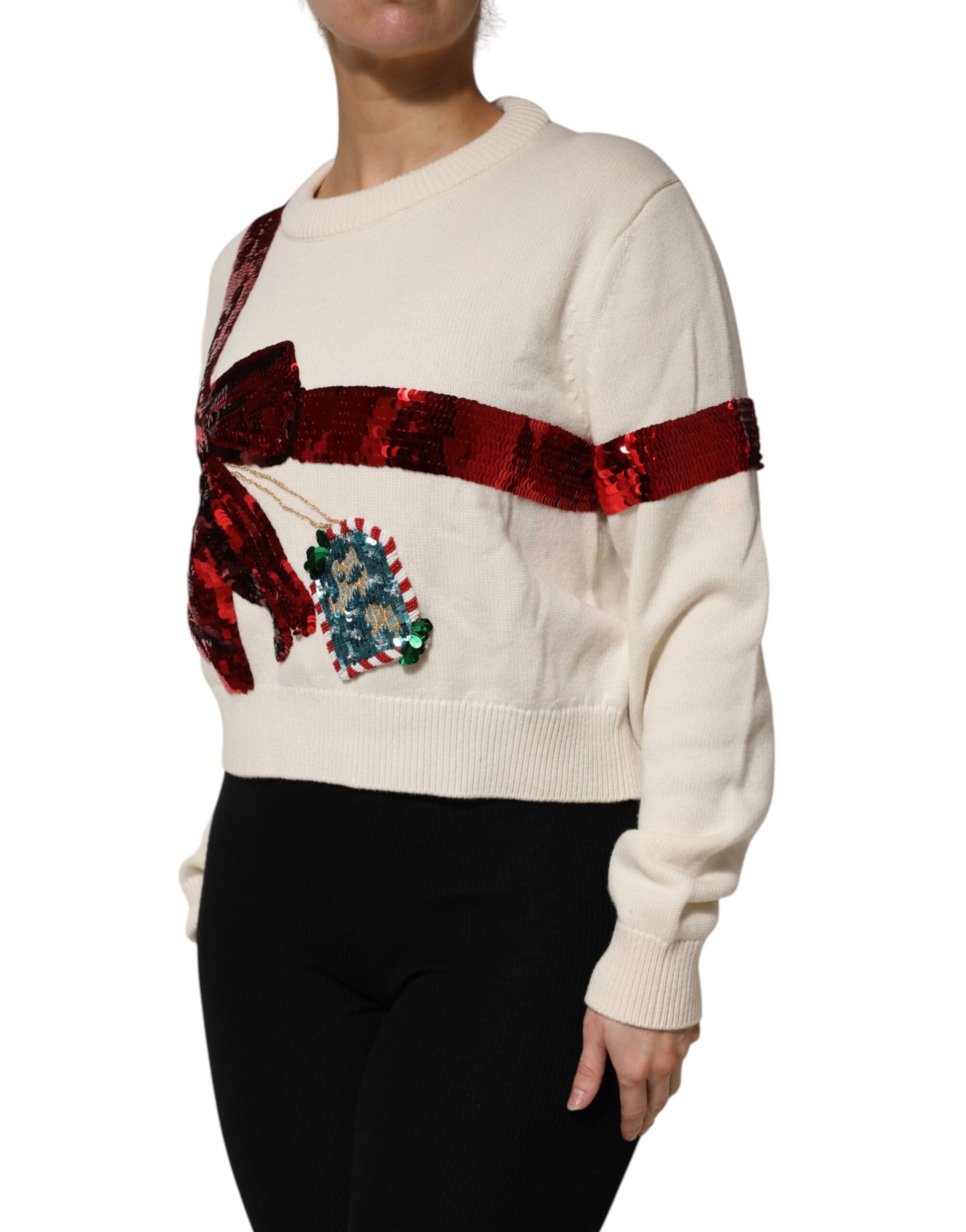 Dolce & Gabbana White Sequined Crew Neck Pullover Sweater - ClickThatClicks 