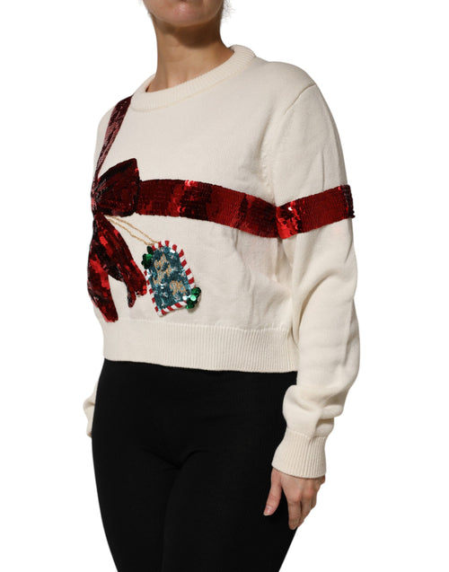 Dolce & Gabbana White Sequined Crew Neck Pullover Sweater - ClickThatClicks 