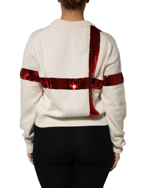 Dolce & Gabbana White Sequined Crew Neck Pullover Sweater - ClickThatClicks 