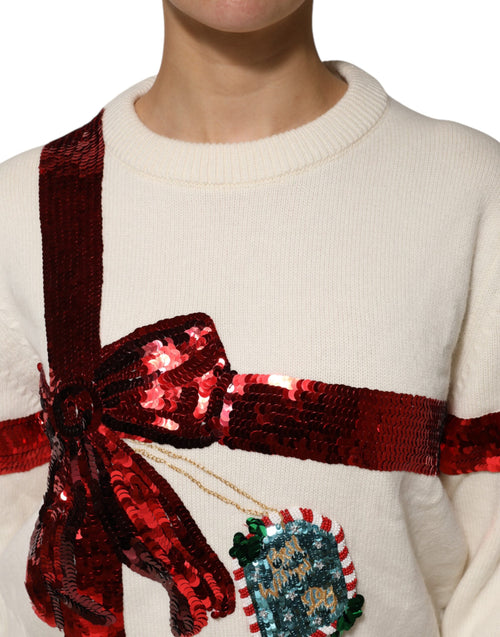 Dolce & Gabbana White Sequined Crew Neck Pullover Sweater - ClickThatClicks 