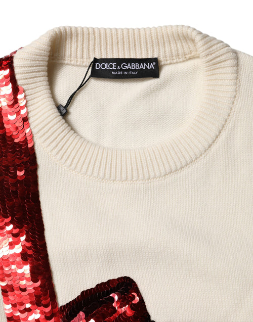 Dolce & Gabbana White Sequined Crew Neck Pullover Sweater - ClickThatClicks 
