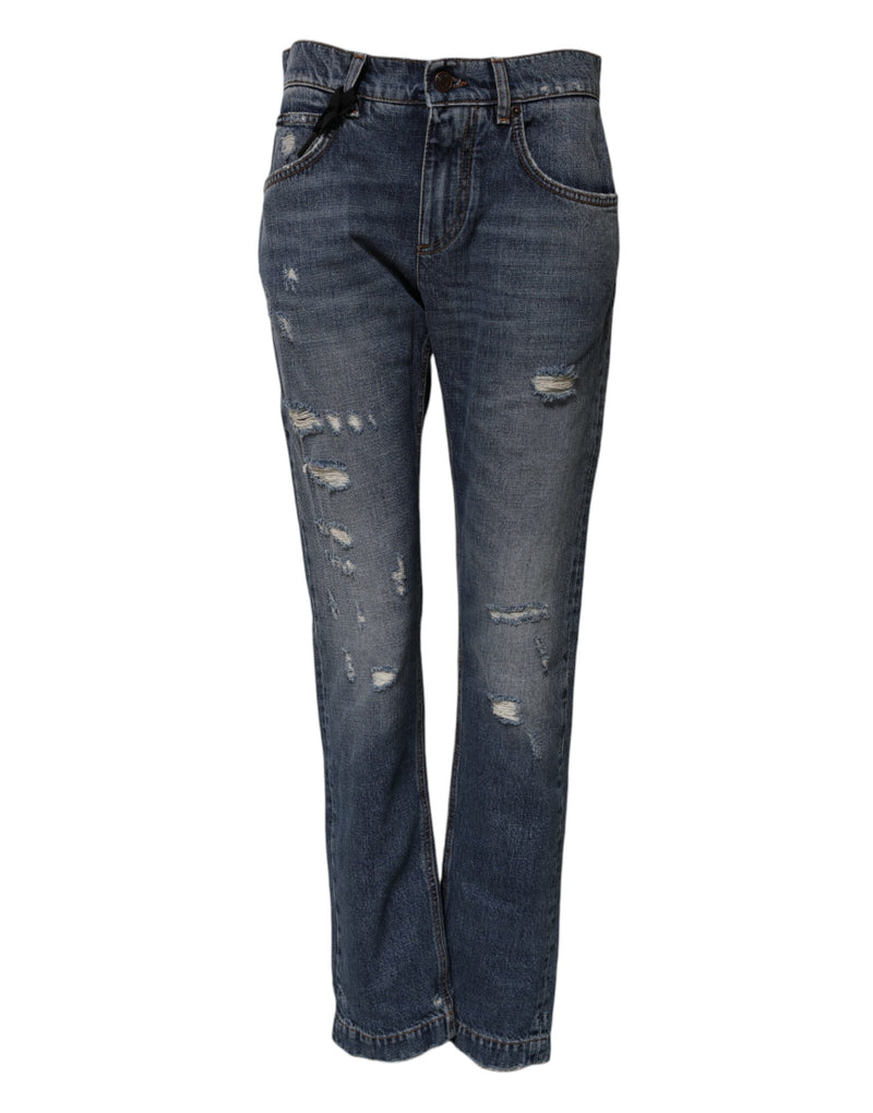 Dolce & Gabbana Blue Cotton Tattered Boyfriend Denim Jeans