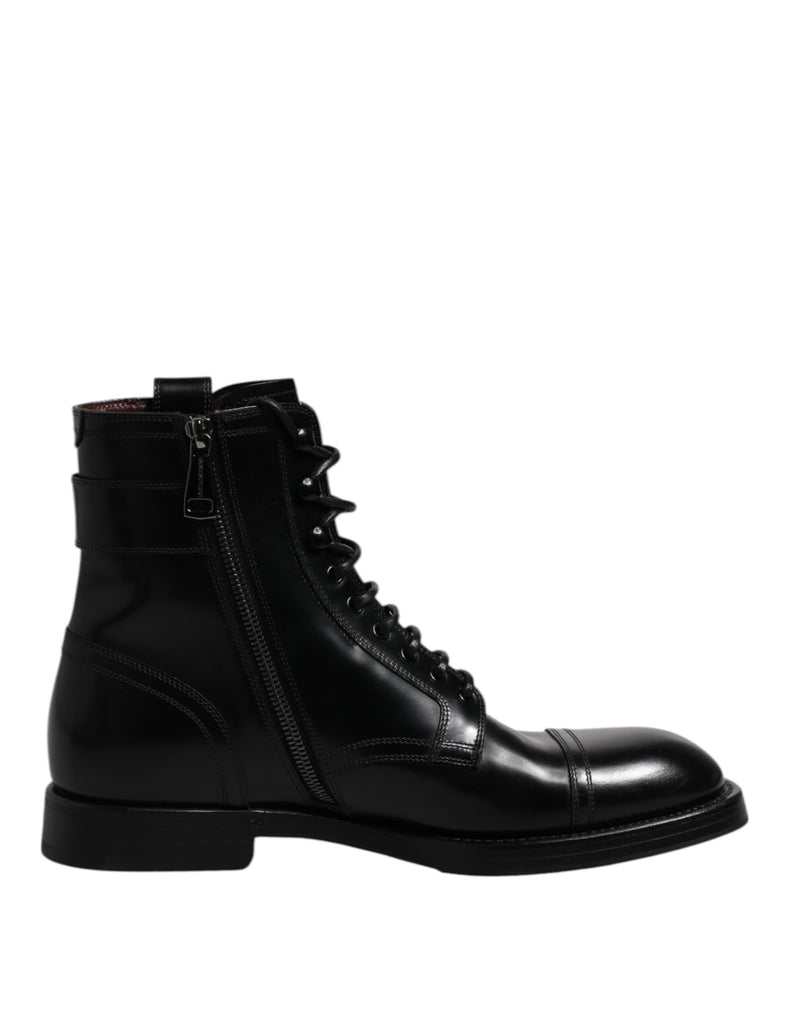 Dolce & Gabbana Black Leather Mid Calf Boots Lace Up Shoes