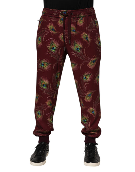Dolce & Gabbana Burgundy Peacock Feather Print Jogger Pants - ClickThatClicks 