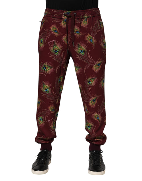 Dolce & Gabbana Burgundy Peacock Feather Print Jogger Pants - ClickThatClicks 