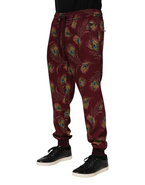 Dolce & Gabbana Burgundy Peacock Feather Print Jogger Pants - ClickThatClicks 