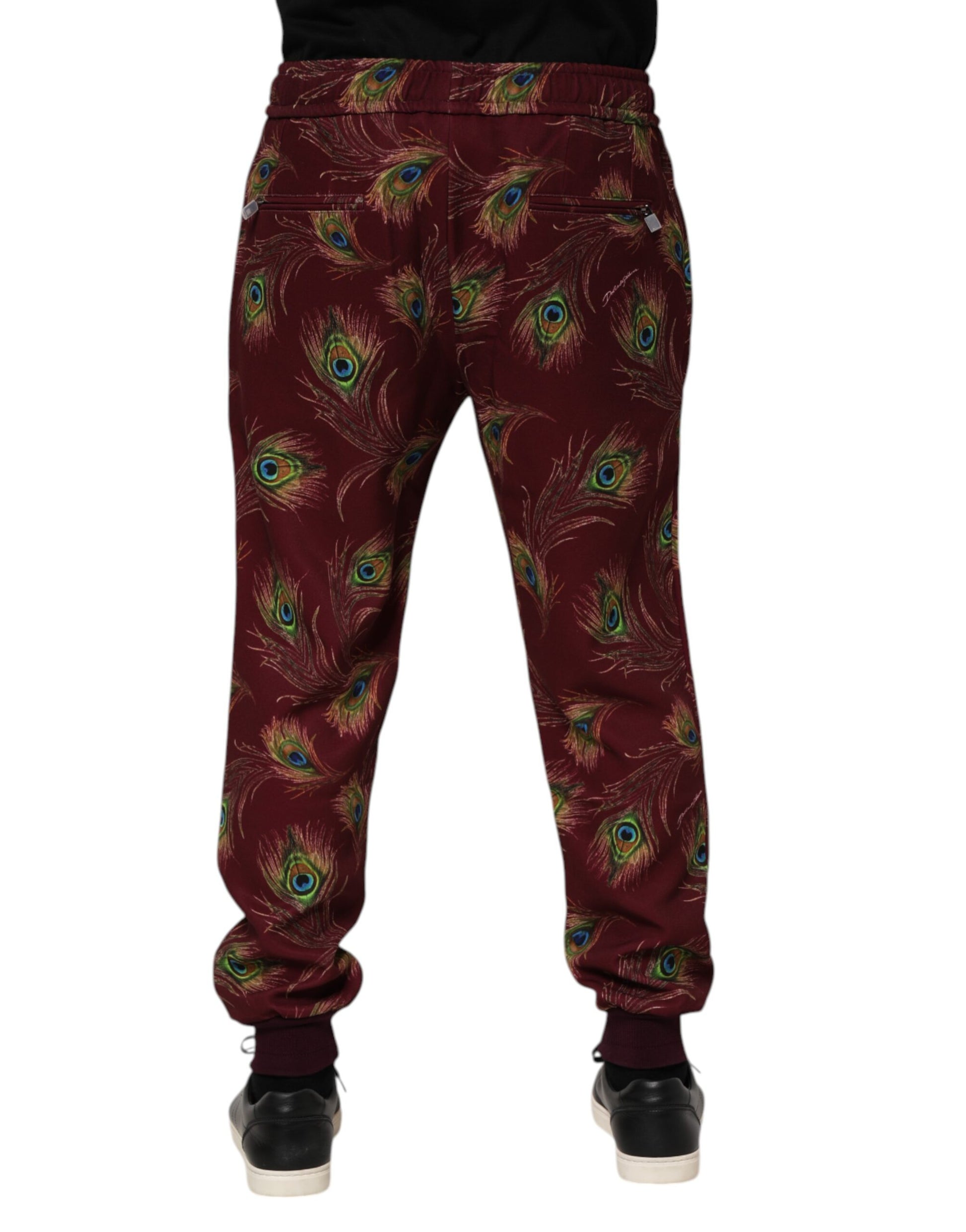 Dolce & Gabbana Burgundy Peacock Feather Print Jogger Pants - ClickThatClicks 