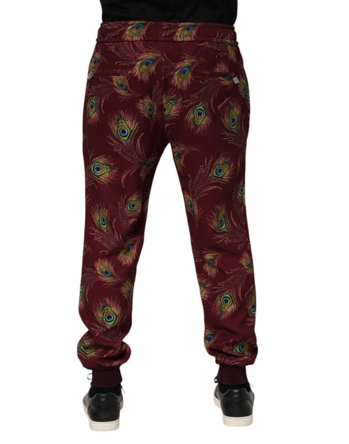 Dolce & Gabbana Burgundy Peacock Feather Print Jogger Pants - ClickThatClicks 
