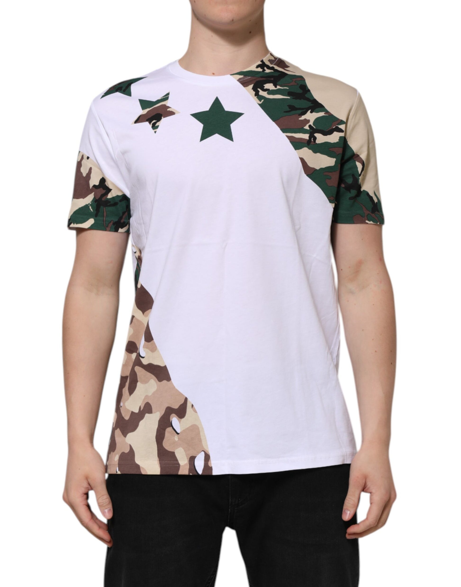 Dolce & Gabbana White Camouflage Cotton Men Crew Neck T-shirt - ClickThatClicks 