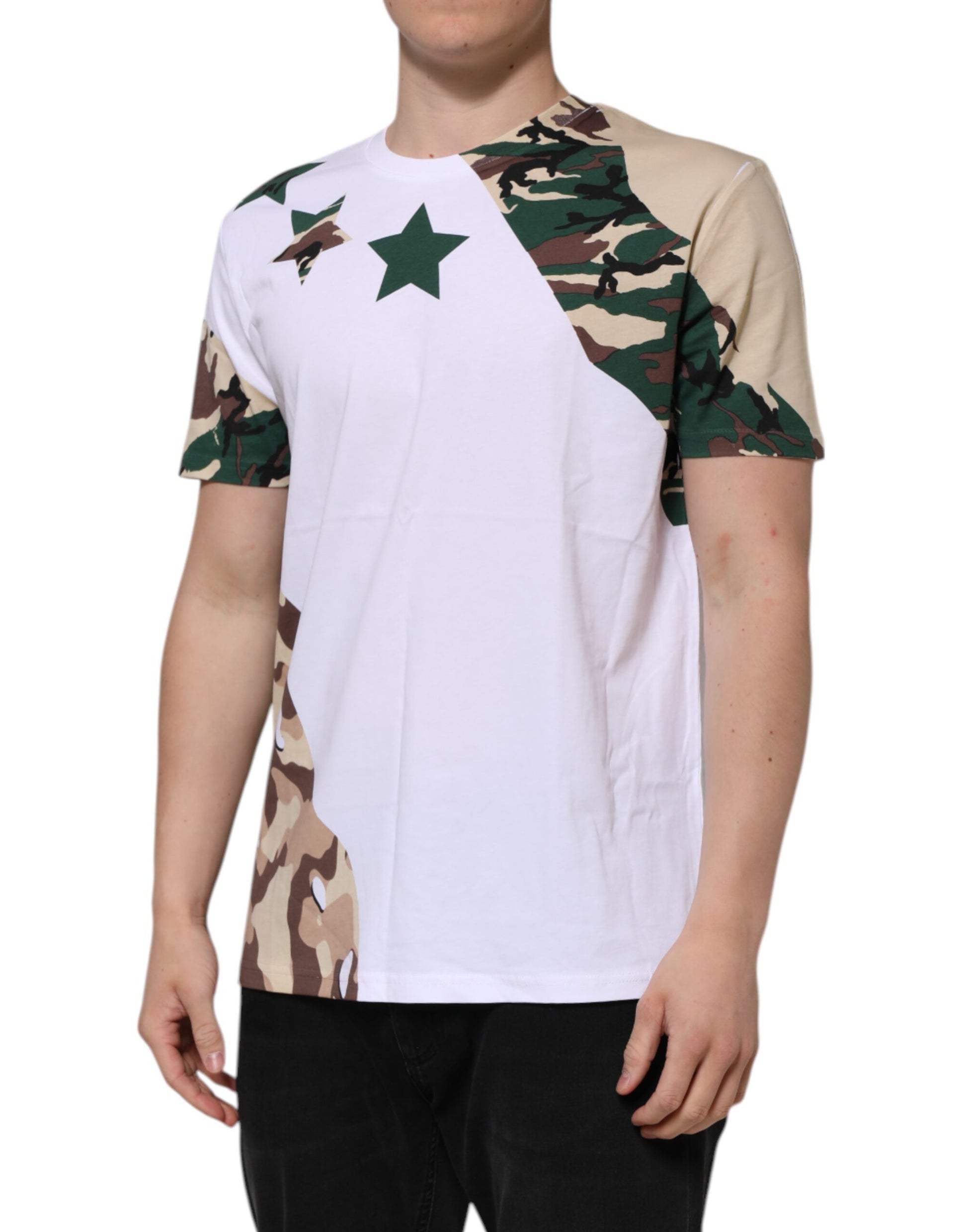 Dolce & Gabbana White Camouflage Cotton Men Crew Neck T-shirt - ClickThatClicks 