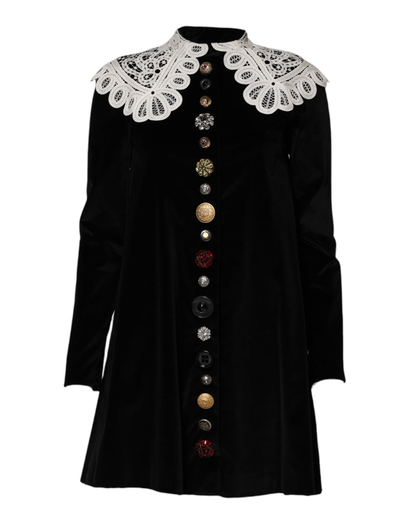Dolce & Gabbana Black Velvet Lace Collared Embellished Dress