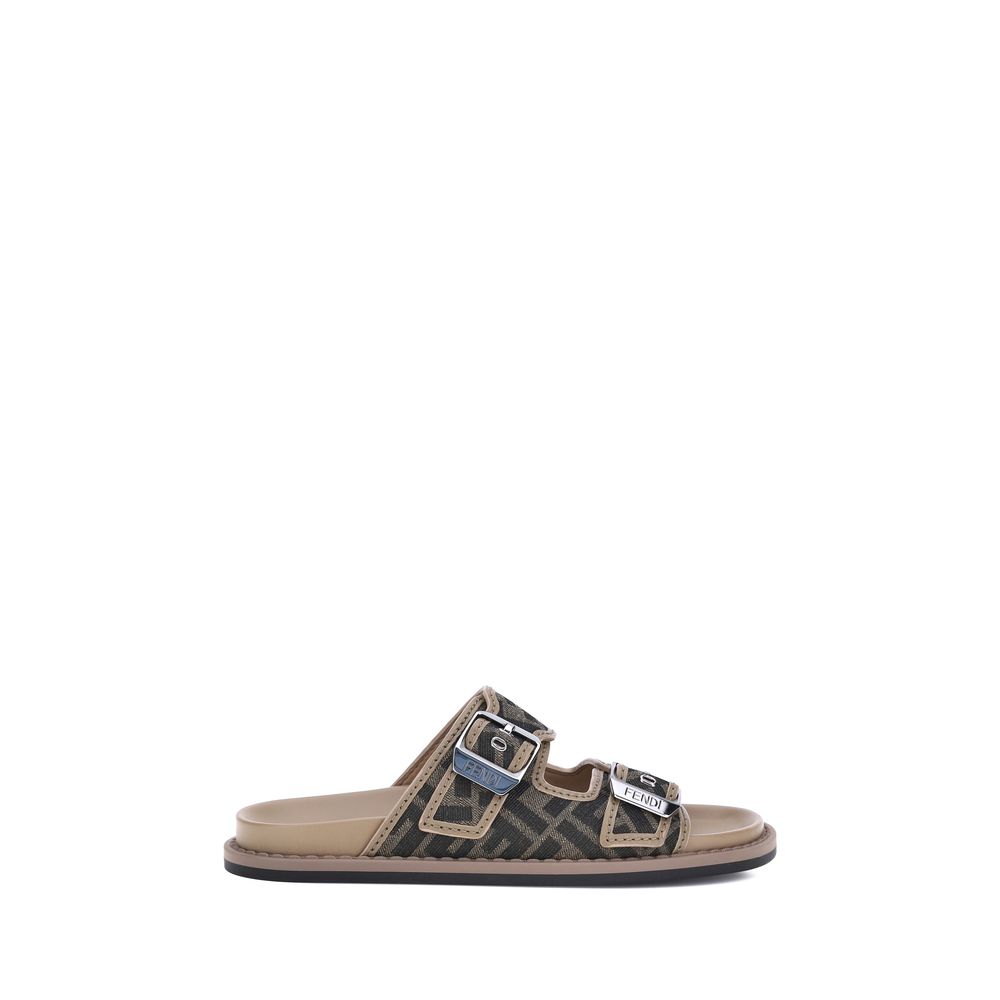 Fendi Brown Calf Leather Bos Taurus Flat Sandals - ClickThatClicks 