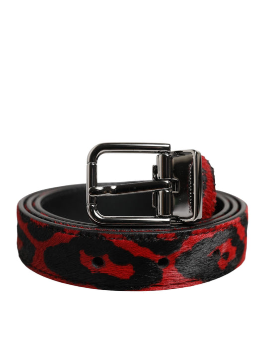 Dolce & Gabbana Black Red Leopard Silver Metal Buckle Belt - ClickThatClicks 