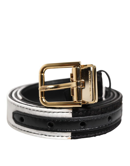 Dolce & Gabbana Black White Patchwork Gold Metal Buckle Belt - ClickThatClicks 