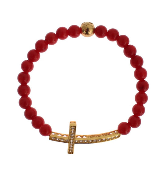 Nialaya Red Coral Gold CZ Cross 925 Silver Bracelet - ClickThatClicks 