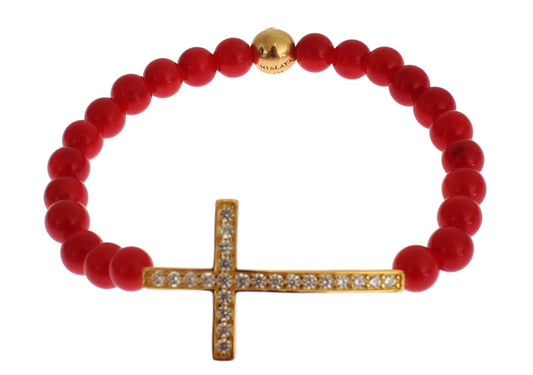 Nialaya Red Coral Gold CZ Cross 925 Silver Bracelet - ClickThatClicks 
