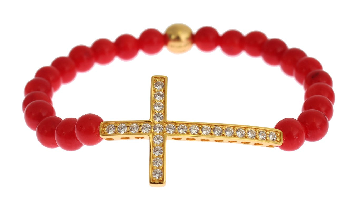 Nialaya Red Coral Gold CZ Cross 925 Silver Bracelet - ClickThatClicks 