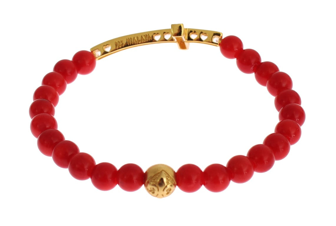 Nialaya Red Coral Gold CZ Cross 925 Silver Bracelet - ClickThatClicks 