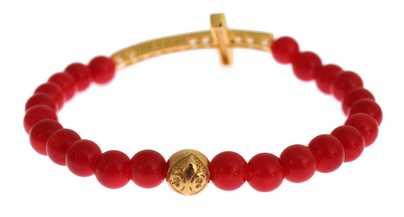 Nialaya Red Coral Gold CZ Cross 925 Silver Bracelet - ClickThatClicks 