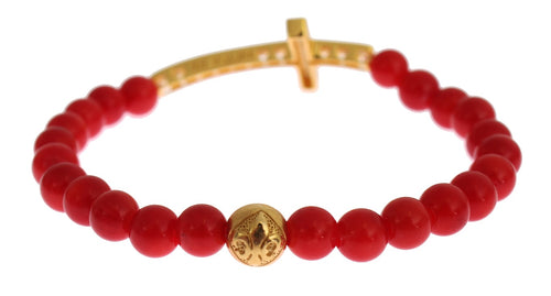 Nialaya Red Coral Gold CZ Cross 925 Silver Bracelet - ClickThatClicks 