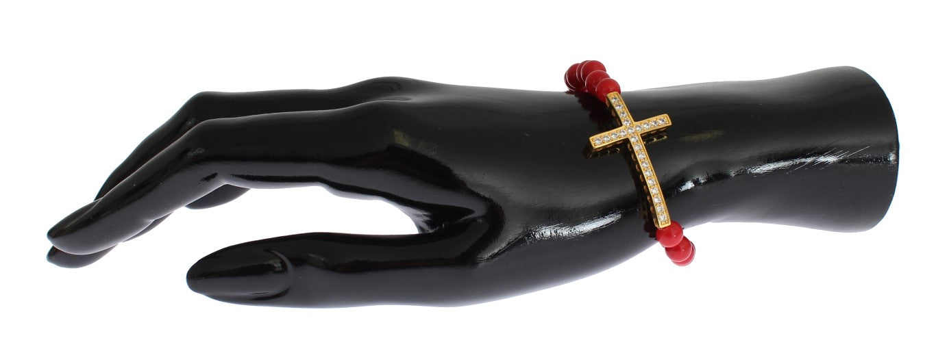 Nialaya Red Coral Gold CZ Cross 925 Silver Bracelet - ClickThatClicks 